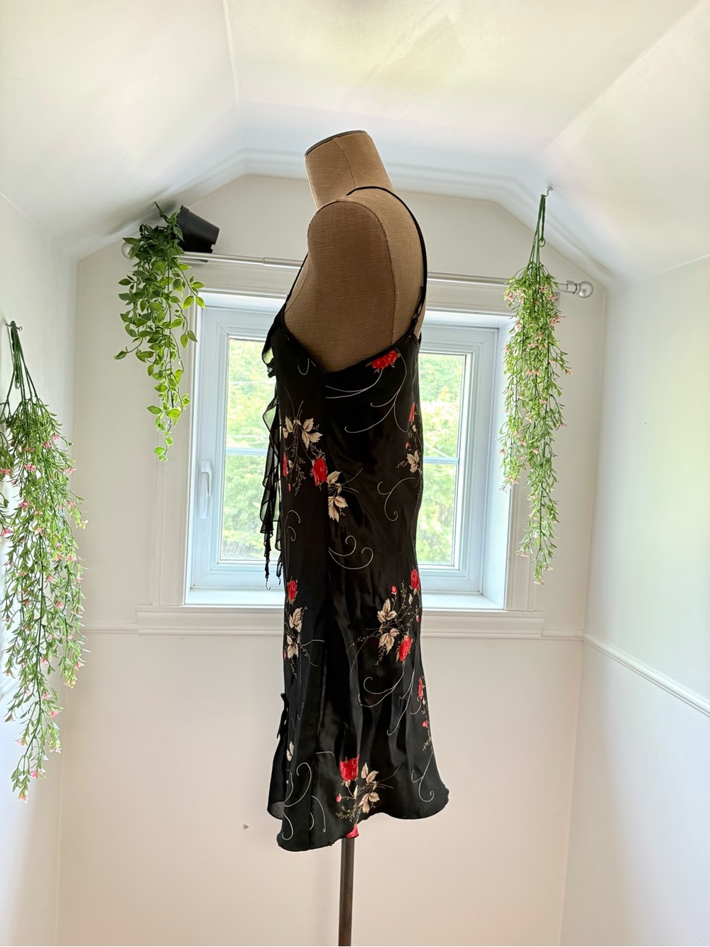 Floral Satin Slip Dress - Black with Red Rose Print - Picture 2 of 3